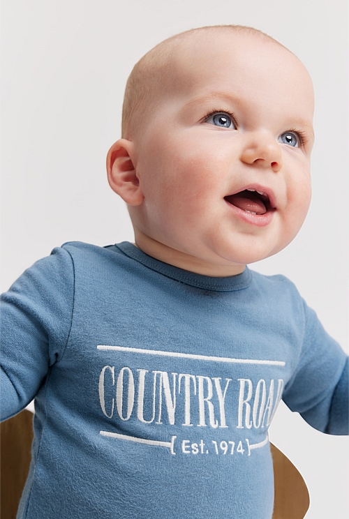 Faded Blue Unisex Organically Grown Cotton Heritage Long Sleeve Bodysuit Organically Grown or