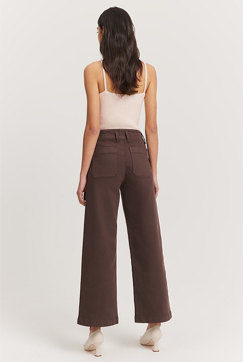 Chocolate Australian Cotton Blend High Rise Wide Leg Jean Pants