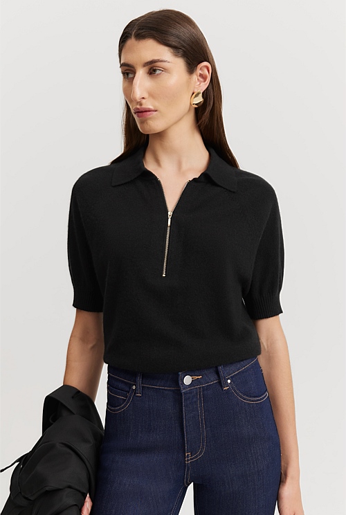 Black GCS-certified Cashmere Blend Zip-Through Knit Polo - Natural ...