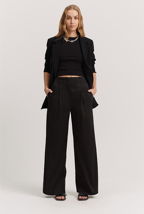 Black Cotton Wide Leg Pant - Pants | Country Road