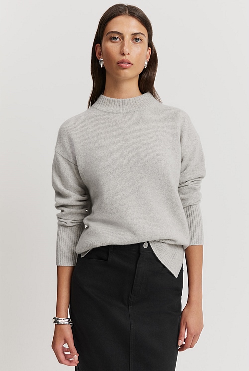 Grey Marle Australian Merino Wool Rib Detail Pullover - Natural Fibres ...