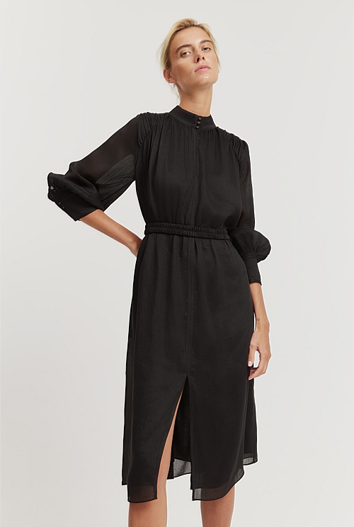 Black Gathered Midi Dress - Natural Fibres | Country Road