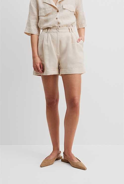 Sand Organically Grown Linen Tuck Front Short - Shorts | Country Road