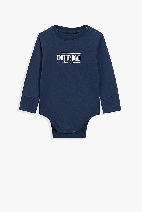 Navy Organically Grown Cotton Heritage Long Sleeve Bodysuit - Jumpsuits ...