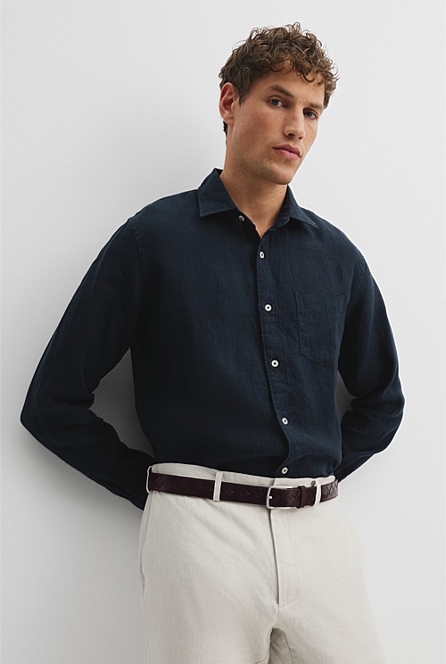 Navy Regular Fit Organically Grown Linen Shirt - Casual Shirts ...