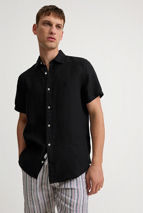Black Regular Fit Organically Grown Linen Short Sleeve Shirt - Casual ...
