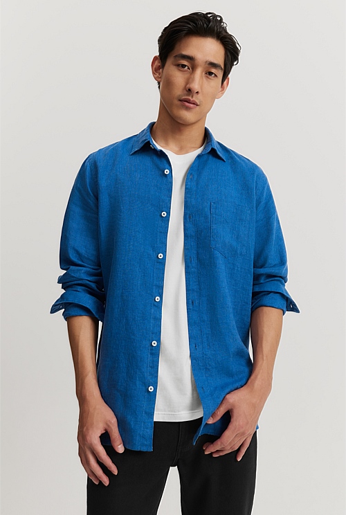 Marine Blue Regular Fit Organically Grown Delave Linen Shirt - Casual ...
