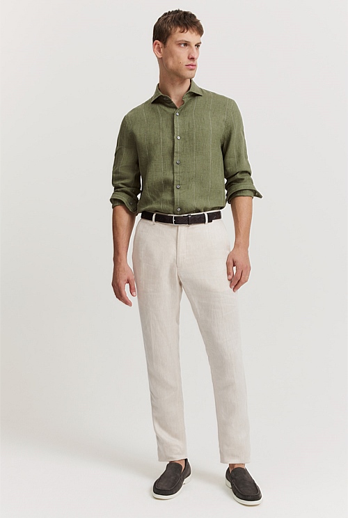 Green Stripe Tailored Fit Organically Grown Linen Stripe Shirt - Casual ...