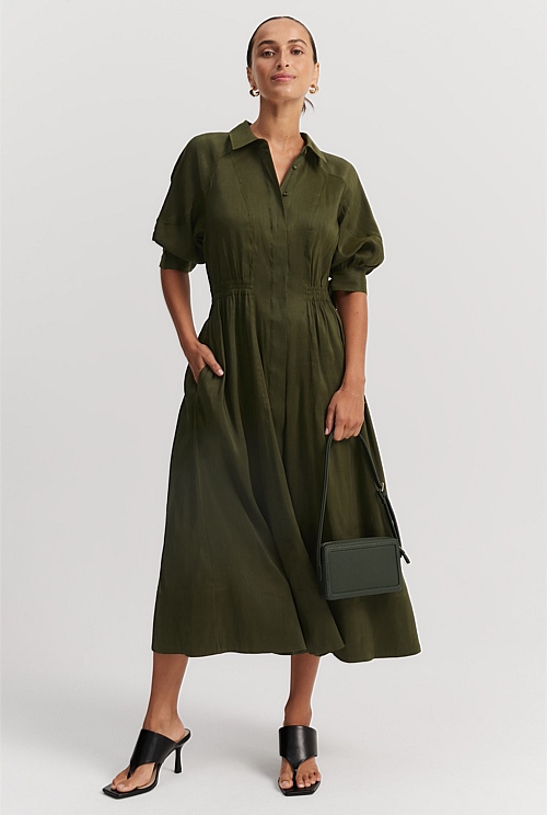 Dark Olive Organically Grown Linen Blend Fluid Cinched Shirt Dress ...