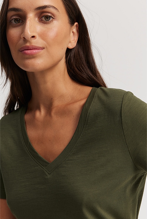 Dark Olive Australian Cotton Slub V-Neck T-Shirt - T-Shirts & Tops ...