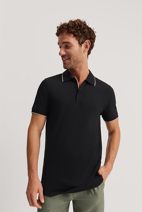 Black Slim Fit Stretch Pique Polo - T-Shirts | Country Road