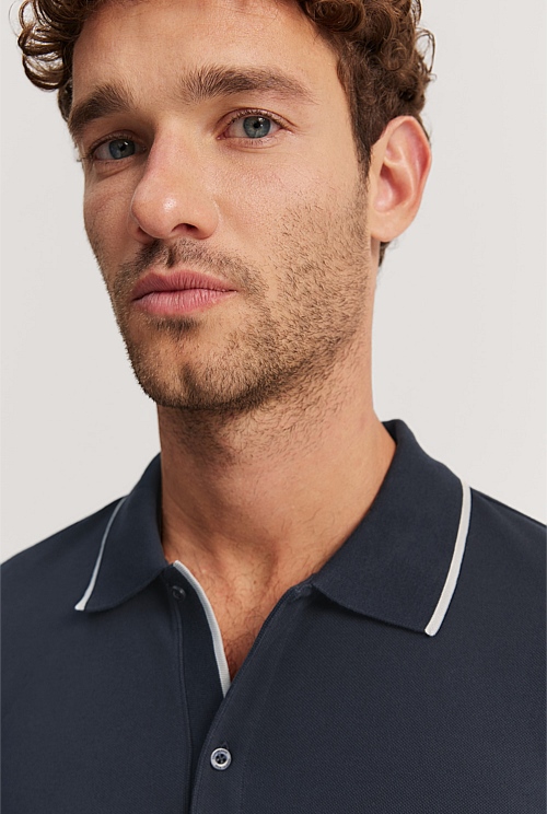 Navy Slim Fit Stretch Pique Polo - T-Shirts | Country Road