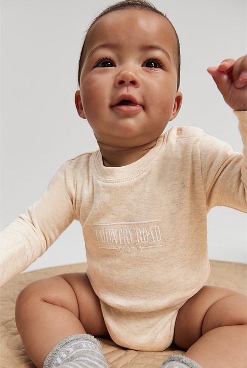 Oatmeal Marle Organically Grown Cotton Heritage Long Sleeve Bodysuit Natural Fibres Country Road