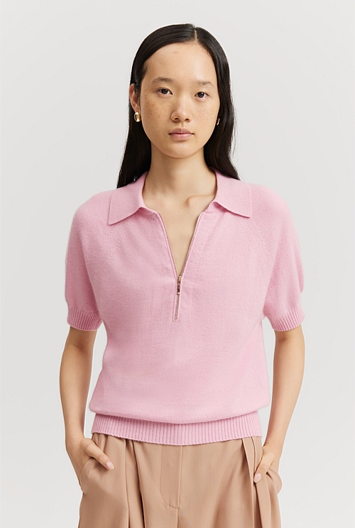 Rose GCS-certified Cashmere Blend Zip-Through Knit Polo - Natural ...