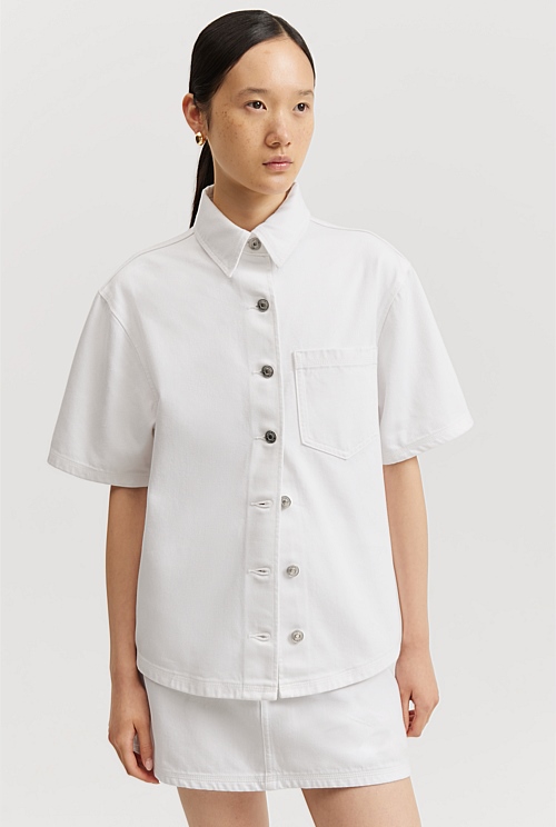 White Denim Short Sleeve Shirt - Natural Fibres | Country Road