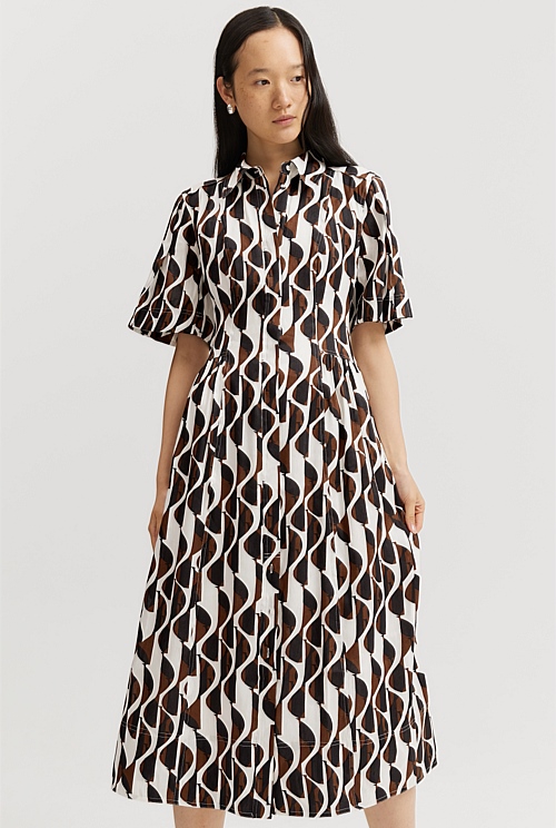 Walnut Abstract Print Cinched Shirt Dress Natural Fibres Country Road Walnut Abstract Print Cinched Shirt Dress Natural Fibres Country Road