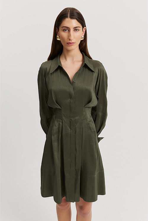 Hunter Green Tuck Detail Shirt Dress - Natural Fibres | Country Road