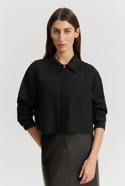 Black Cropped Linen Shirt - Organically Grown or Recycled | Country Road