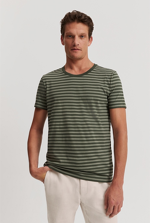 Khaki Green Stripe Pima Crew T-Shirt - Natural Fibres | Country Road