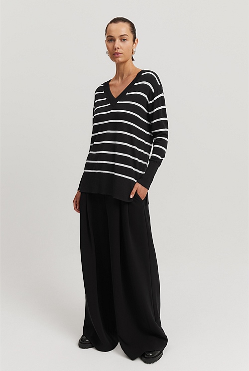 Black Stripe Verified Australian Merino Wool Stripe V-Neck Knit ...