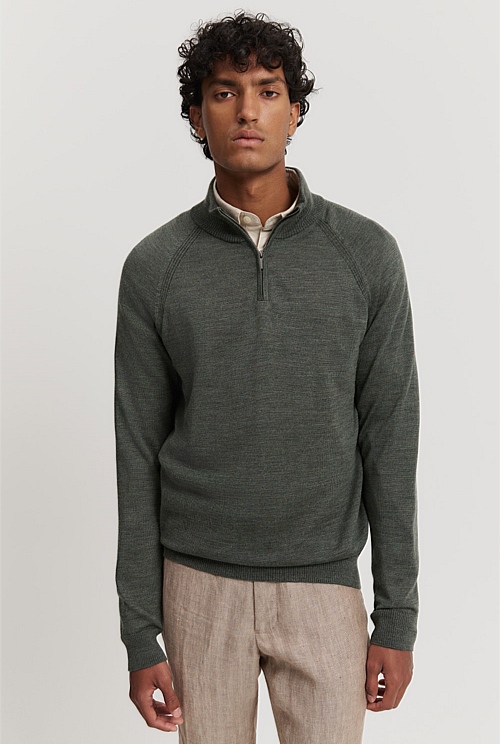 Slate Green Verified Australian Merino Half Zip Knit - Knitwear ...