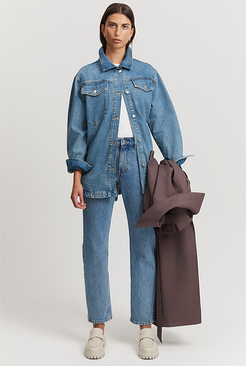 Vintage Wash Denim Longline Shacket - Natural Fibres | Country Road