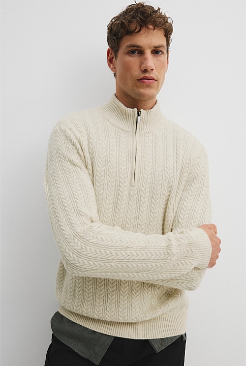 Cream Melange GCS-certified Cashmere Wool Cable Half Zip Knit ...