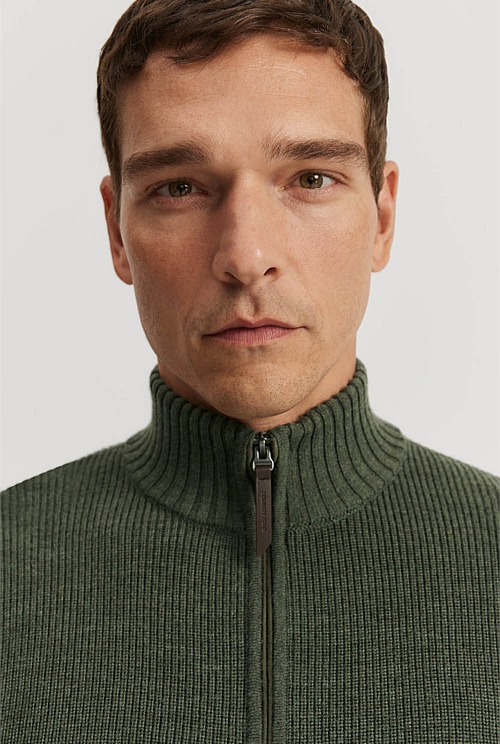 Army Green Australian Lambswool Half Zip Knit - Knitwear | Country Road