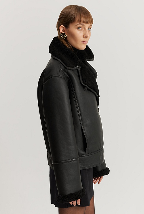 Black Leather Shearling Jacket - Jackets & Coats | Country Road