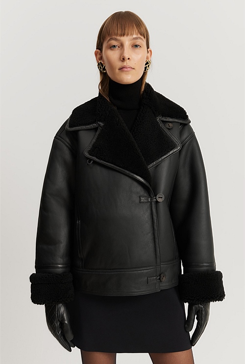 Black Leather Shearling Jacket - Jackets & Coats | Country Road