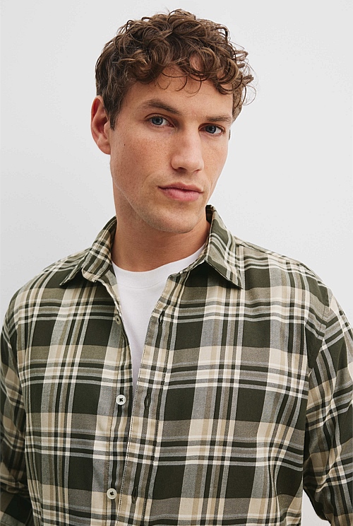 Khaki Green Regular Fit Australian Good Earth Cotton Flannel Check ...