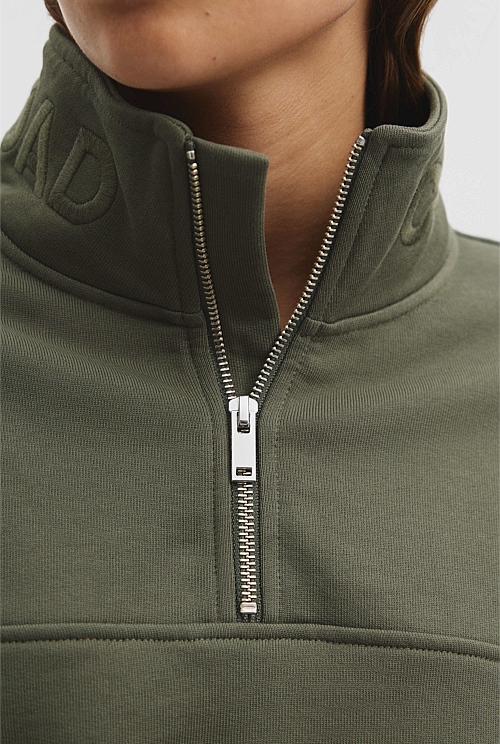 Dark Moss Australian Good Earth Cotton Zip Collar Sweat Natural