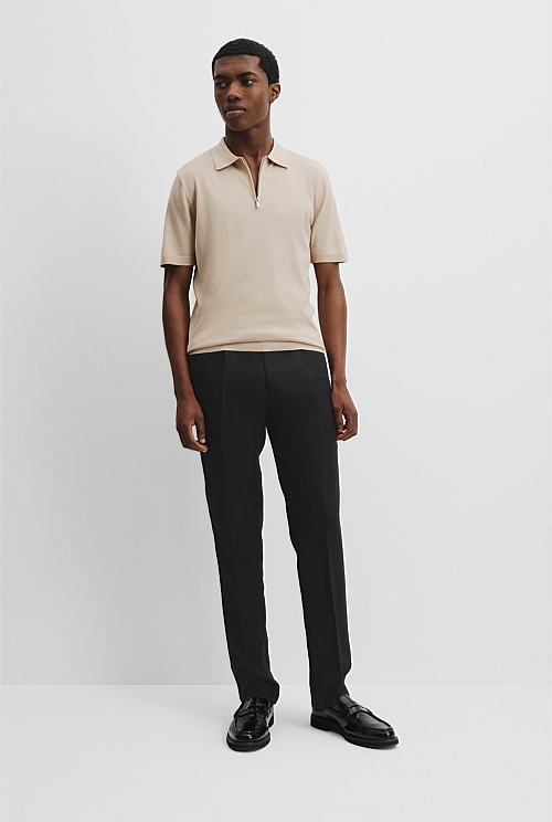 Stone Melange Cotton Silk Zip Knit Polo - Work | Country Road
