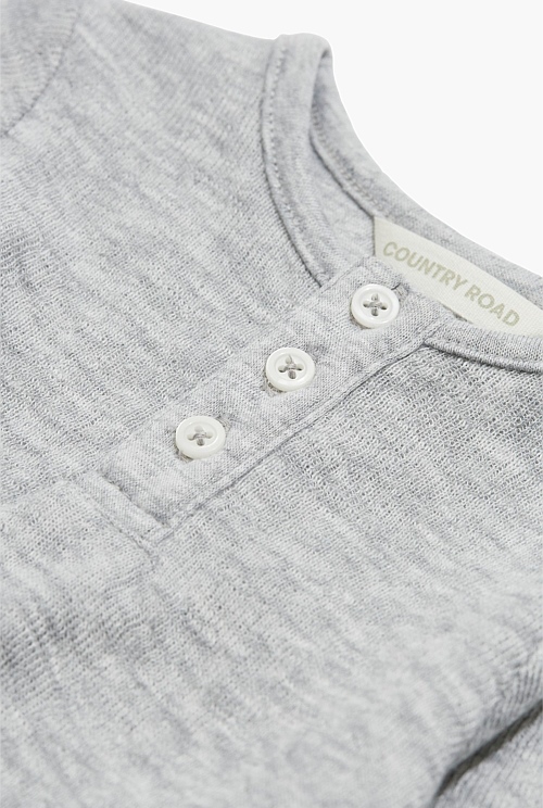 Light Grey Marle Organically Grown Cotton Double Faced Textured Henley ...
